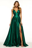Dark Green A Line V-Neck Satin Ruched Maxi Prom Dress with Slit