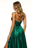 Dark Green A Line V-Neck Satin Ruched Maxi Prom Dress with Slit