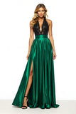 Black Green Satin Halter A Line Backless Maxi Prom Dress with Slit