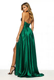 Black Green Satin Halter A Line Backless Maxi Prom Dress with Slit