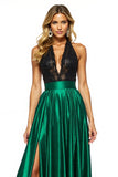 Black Green Satin Halter A Line Backless Maxi Prom Dress with Slit