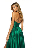 Black Green Satin Halter A Line Backless Maxi Prom Dress with Slit