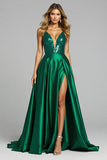 Sparkly Dark Green Deep V-Neck Satin Maxi Prom Dress with Slit