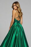 Sparkly Dark Green Deep V-Neck Satin Maxi Prom Dress with Slit