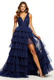 Navy V-Neck A Line Tulle Tiered Maxi Prom Dress with Slit