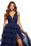 Navy V-Neck A Line Tulle Tiered Maxi Prom Dress with Slit