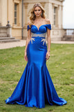 Mermaid Satin Sparkly Royal Blue Long Prom Dress with Beading