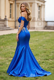 Mermaid Satin Sparkly Royal Blue Long Prom Dress with Beading