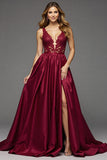 Burgundy Deep V-Neck A Line Maxi Satin Prom Dress with Lace