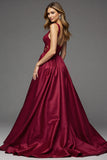 Burgundy Deep V-Neck A Line Maxi Satin Prom Dress with Lace