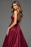 Burgundy Deep V-Neck A Line Maxi Satin Prom Dress with Lace