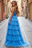 Sky Blue A Line Ruffled Spaghetti Straps Maxi Tulle Prom Dress with Slit