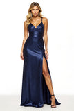 Navy Spaghetti Straps Sheath Maxi Satin Prom Dress with Slit