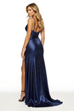 Navy Spaghetti Straps Sheath Maxi Satin Prom Dress with Slit