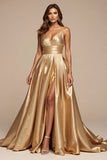 Golden A Line Spaghetti Straps Maxi Satin Prom Dress with Slit