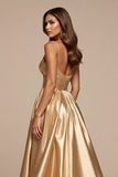 Golden A Line Spaghetti Straps Maxi Satin Prom Dress with Slit