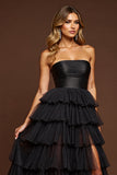 Black Tulle A Line Maxi Tiered Prom Dress with Slit