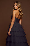 Black Tulle A Line Maxi Tiered Prom Dress with Slit