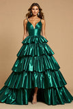 Dark Green A Line Tiered Maxi High-Low Satin Prom Dress