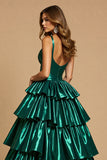 Dark Green A Line Tiered Maxi High-Low Satin Prom Dress