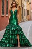 Dark Green Satin Tiered Mermaid Maxi Prom Dress with Slit