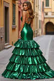 Dark Green Satin Tiered Mermaid Maxi Prom Dress with Slit