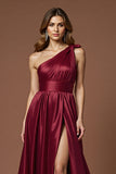 Burgundy One Shoulder A Line Maxi Satin Prom Dress with Slit