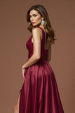 Burgundy One Shoulder A Line Maxi Satin Prom Dress with Slit