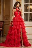 Red Keyhole Ball Gown Tulle Halter Maxi Prom Dress with Slit