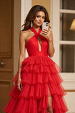Red Keyhole Ball Gown Tulle Halter Maxi Prom Dress with Slit
