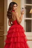 Red Keyhole Ball Gown Tulle Halter Maxi Prom Dress with Slit