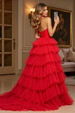 Red Ball Gown Halter Tiered Maxi Tulle Prom Dress with Slit