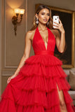 Red Ball Gown Halter Tiered Maxi Tulle Prom Dress with Slit