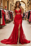 Red Mermaid Maxi Lace Prom Dress with Slit