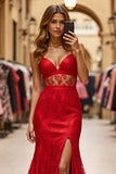 Red Mermaid Maxi Lace Prom Dress with Slit