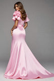 Pink Satin Mermaid Ruffled Maxi Prom Dress with Slit