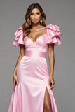 Pink Satin Mermaid Ruffled Maxi Prom Dress with Slit