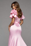 Pink Satin Mermaid Ruffled Maxi Prom Dress with Slit