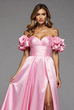 Pink A Line Ruffled Satin Maxi Prom Dress with Slit