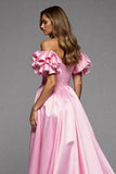 Pink A Line Ruffled Satin Maxi Prom Dress with Slit