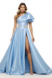 Blue Satin Ball Gown Ruffled Maxi Prom Dress with Slit