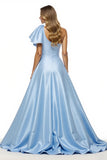 Blue Satin Ball Gown Ruffled Maxi Prom Dress with Slit
