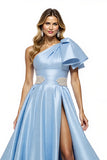 Blue Satin Ball Gown Ruffled Maxi Prom Dress with Slit