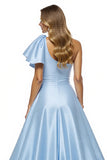 Blue Satin Ball Gown Ruffled Maxi Prom Dress with Slit