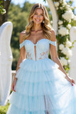 Blue A Line Tulle Off the Shoulder Ruffled Maxi Prom Dress with Slit