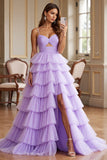 Purple A Line Tulle Spaghetti Straps Maxi Prom Dress with Slit