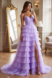 Purple A Line Tiered Tulle Maxi Prom Dress with Slit