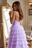 Purple A Line Tiered Tulle Maxi Prom Dress with Slit