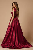 Burgundy Satin A Line One Shoulder Maxi Prom Dress with Slit