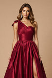 Burgundy Satin A Line One Shoulder Maxi Prom Dress with Slit